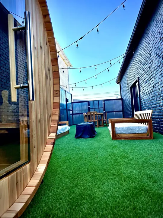 Backyard turf and string lights