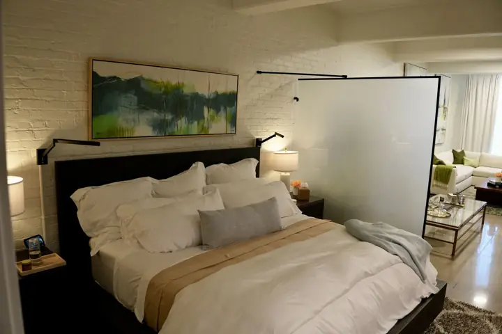Bedroom with frosted glass partition